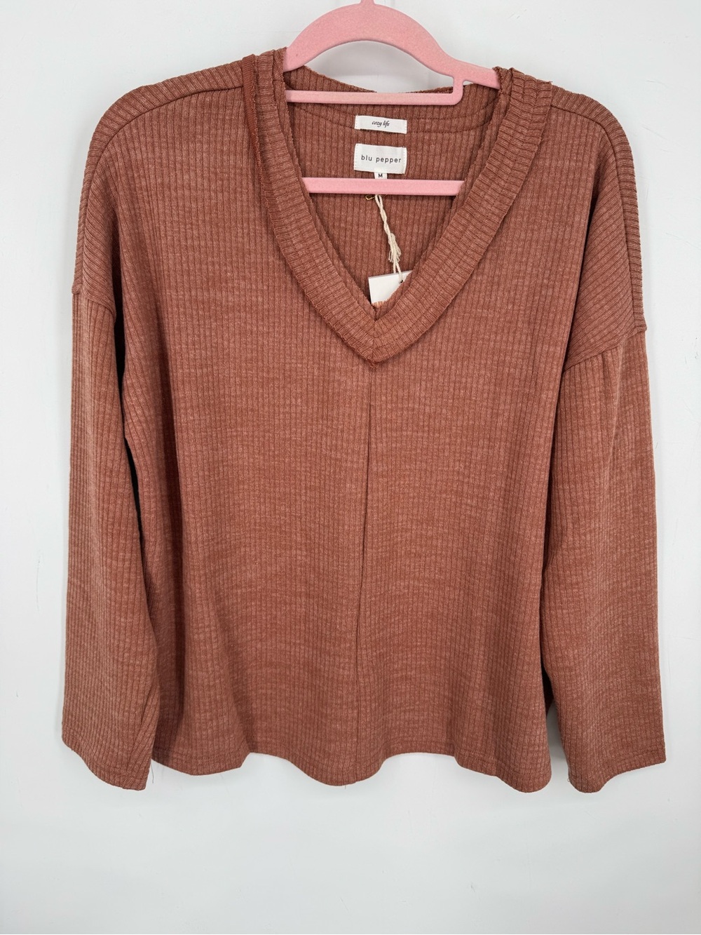 Blu Pepper Cozy Life Rust Brown Fall Soft Stretch Ribbed Sweater Size Medium NWT